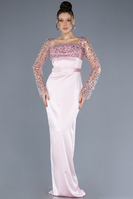 Powder Color Scaly Long Sleeve Satin Tail Evening Gown ABU4583