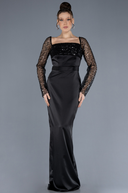 Black Scaly Long Sleeve Satin Tail Evening Gown ABU4583