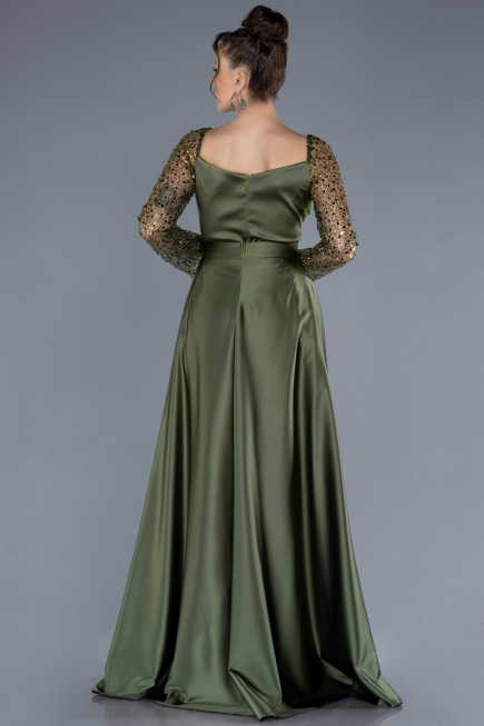 Olive Drab Scaly Long Sleeve Satin Tail Evening Gown ABU4583