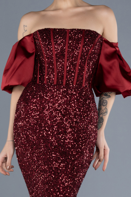 Burgundy Strapless Sleeve Accessories Long Scaly Evening Gown ABU4308