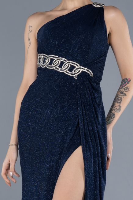 Navy Blue One Shoulder Slit Glittered Long Prom Dress ABU4599