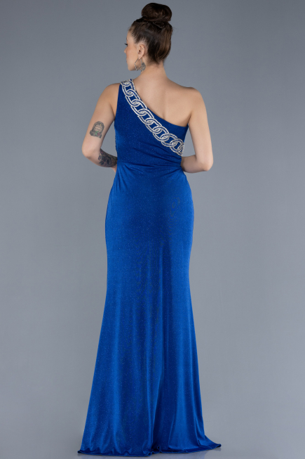 Sax Blue One Shoulder Slit Glittered Long Prom Dress ABU4599