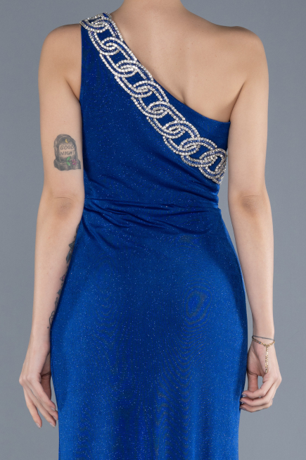 Sax Blue One Shoulder Slit Glittered Long Prom Dress ABU4599