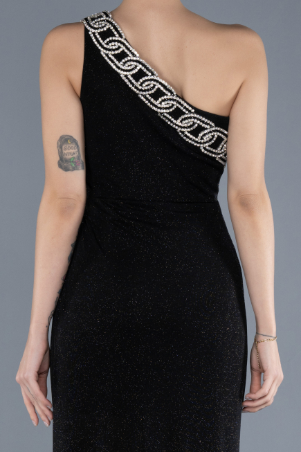 Black One Shoulder Slit Glittered Long Prom Dress ABU4599