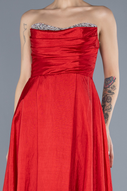 Red Stoned Strapless Long Taffeta Evening Gown ABU4579