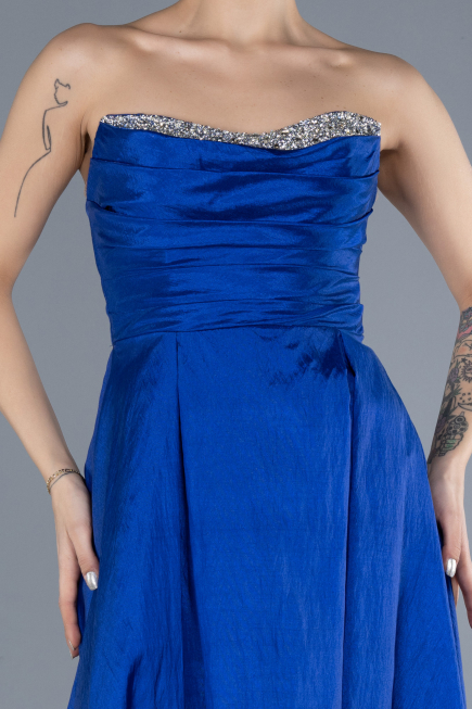 Sax Blue Stoned Strapless Long Taffeta Evening Gown ABU4579