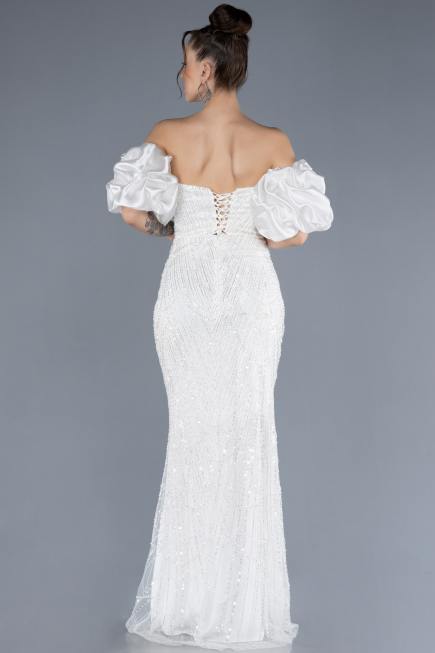 Long White Beaded Evening Dress ABU4616