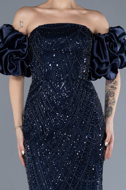 Long Navy Blue Beaded Evening Dress ABU4616