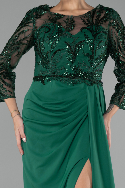 Emerald Green Embroidered Capri Sleeve Slit Chiffon Evening Gown ABU4293