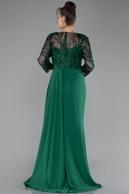 Emerald Green Embroidered Capri Sleeve Slit Chiffon Evening Gown ABU4293