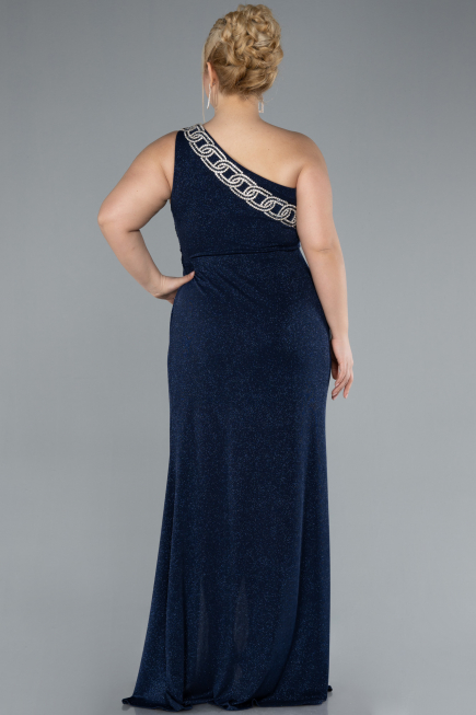 Navy Blue One Shoulder Slit Glittered Long Plus Size Prom Dress ABU4601