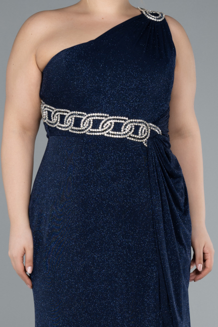 Navy Blue One Shoulder Slit Glittered Long Plus Size Prom Dress ABU4601