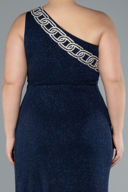 Navy Blue One Shoulder Slit Glittered Long Plus Size Prom Dress ABU4601