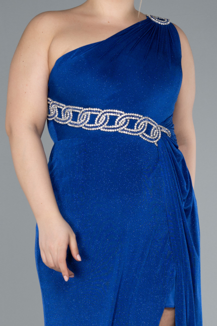 Sax Blue One Shoulder Slit Glittered Long Plus Size Prom Dress ABU4601