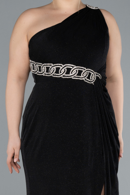 Black One Shoulder Slit Glittered Long Plus Size Prom Dress ABU4601