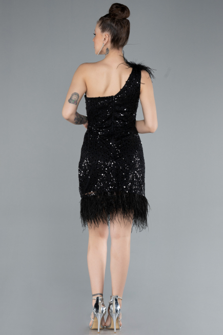 Black Feathered One Shoulder Short Scaly Evening Dress ABU4580