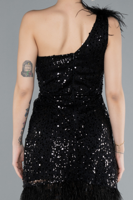 Black Feathered One Shoulder Short Scaly Evening Dress ABU4580
