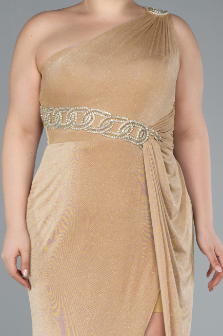 Gold One Shoulder Slit Glittered Long Plus Size Prom Dress ABU4601