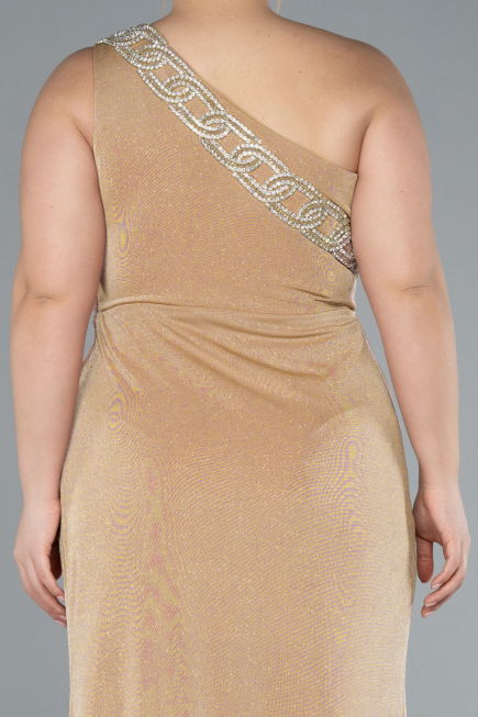 Gold One Shoulder Slit Glittered Long Plus Size Prom Dress ABU4601