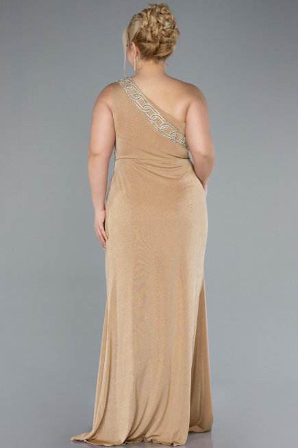 Gold One Shoulder Slit Glittered Long Plus Size Prom Dress ABU4601