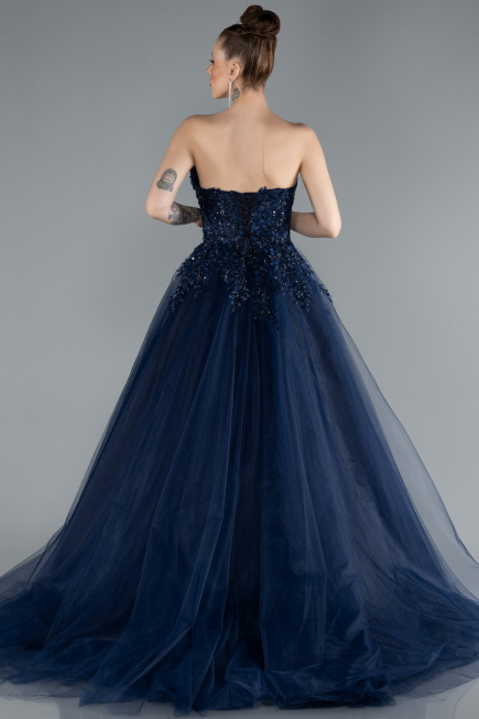 Navy Blue Strapless Dantelle Plus Size Haute Couture Dress ABU4453