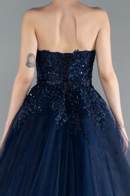 Navy Blue Strapless Dantelle Plus Size Haute Couture Dress ABU4453
