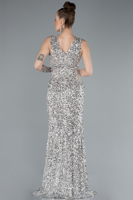 Beige Sleeveless Slit Long Sequin Evening Gown ABU4672