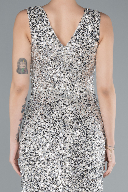 Beige Sleeveless Slit Long Sequin Evening Gown ABU4672