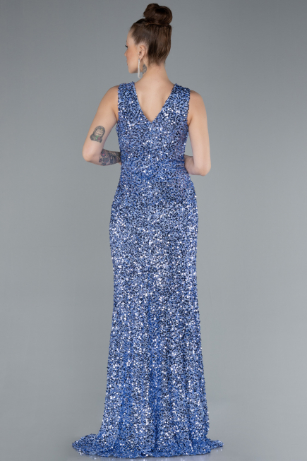 Indigo Sleeveless Slit Long Sequin Evening Gown ABU4672