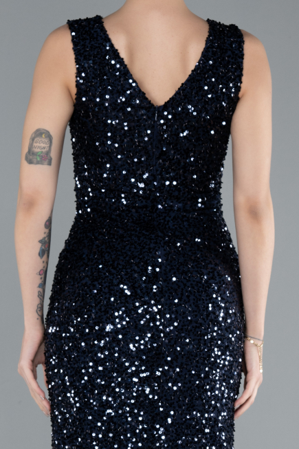 Navy Blue Sleeveless Slit Long Sequin Evening Gown ABU4672