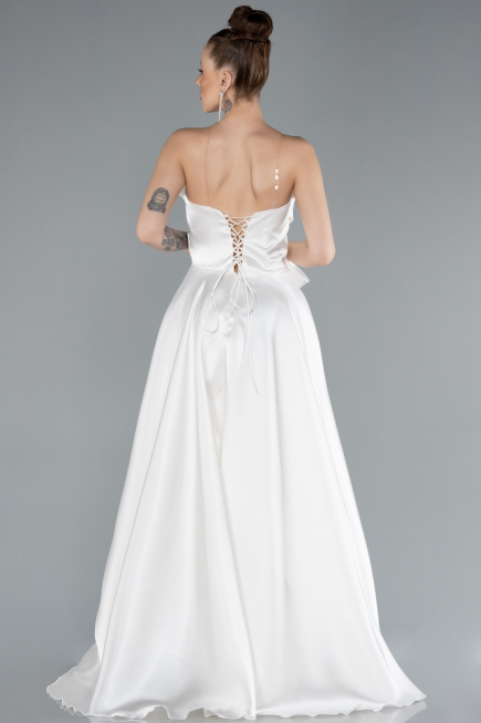 White Strapless Slit Long Satin Prom Dress ABU4680