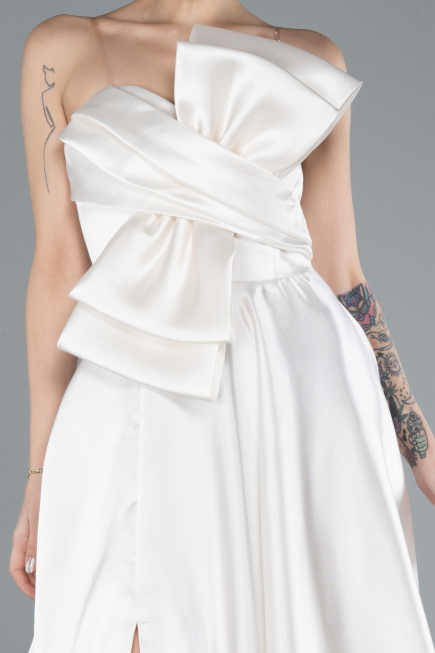 White Strapless Slit Long Satin Prom Dress ABU4680