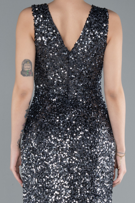 Anthracite Sleeveless Slit Long Sequin Evening Gown ABU4672