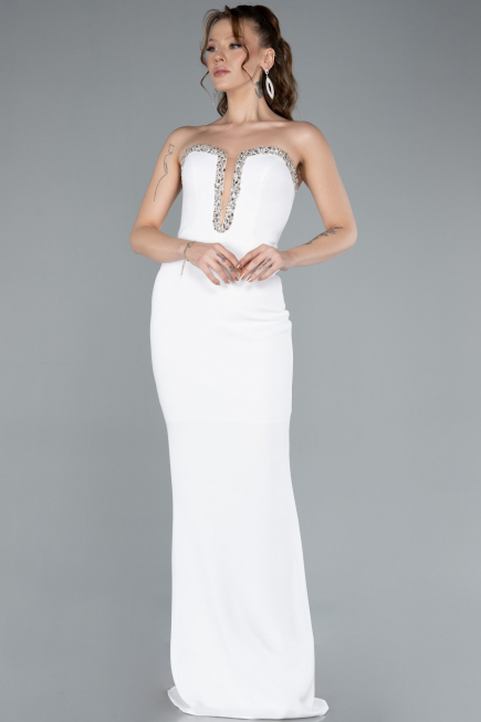 White Stoned Strapless Neck Long Mermaid Evening Gown ABU4687