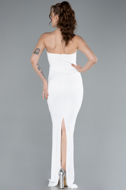 White Stoned Strapless Neck Long Mermaid Evening Gown ABU4687