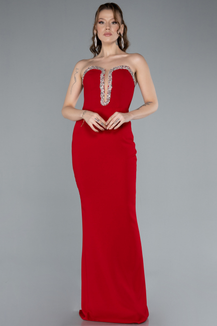 Red Stoned Strapless Neck Long Mermaid Evening Gown ABU4687