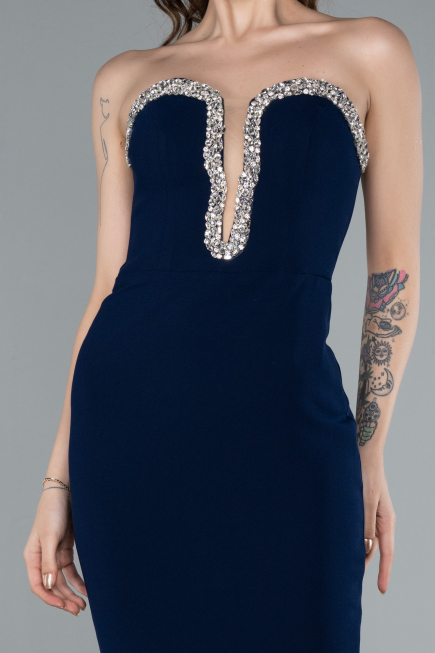 Navy Blue Stoned Strapless Neck Long Mermaid Evening Gown ABU4687