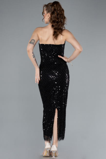 Black Strapless Beaded Midi Cocktail Dress ABK2260