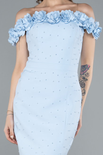 Light Blue Boat Neck Beaded Midi Cocktail Dress ABK2248