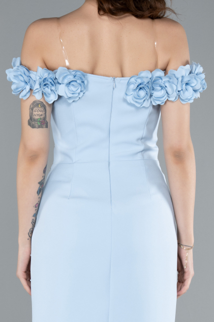 Light Blue Boat Neck Beaded Midi Cocktail Dress ABK2248