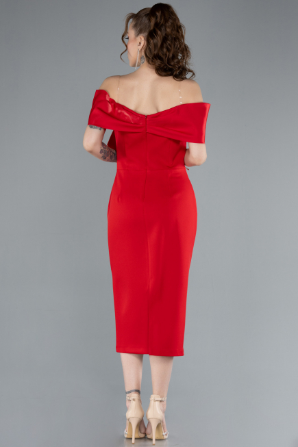 Red Boat Neck Midi Cocktail Dress ABK2263