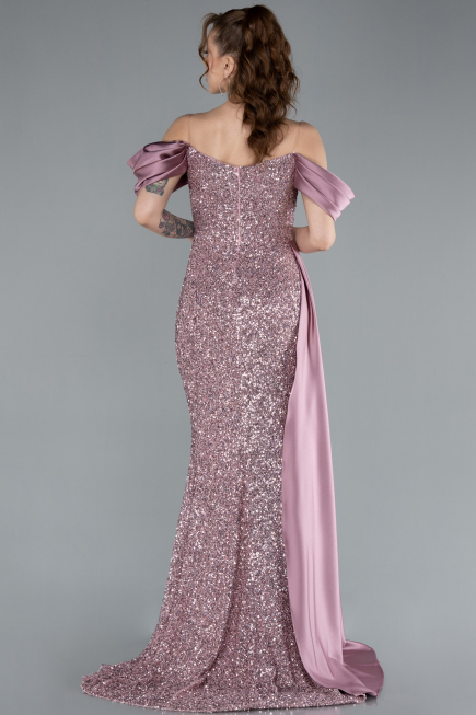 Powder Color Boat Neck Slit Long Sequined Evening Gown ABU4085