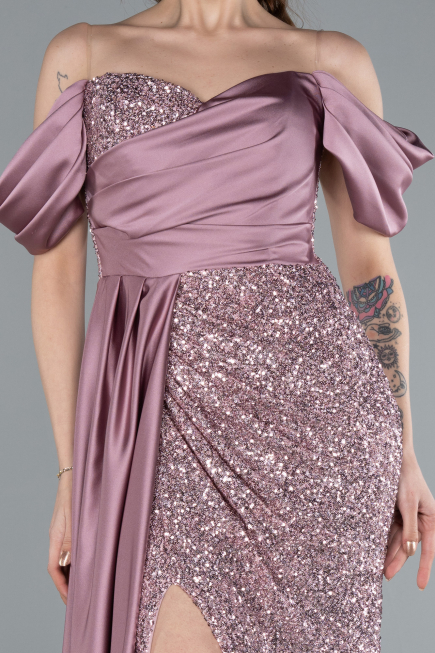 Powder Color Boat Neck Slit Long Sequined Evening Gown ABU4085