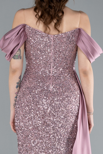 Powder Color Boat Neck Slit Long Sequined Evening Gown ABU4085