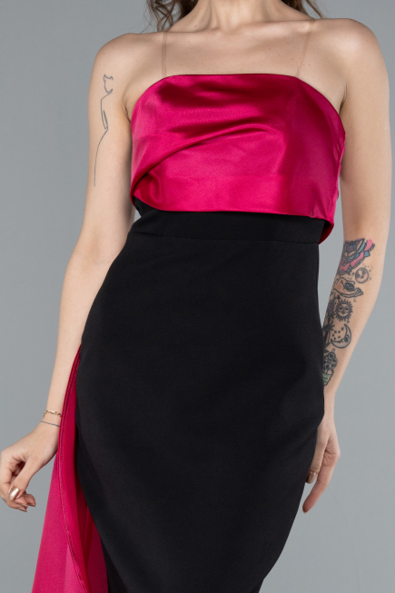 Fuchsia-Black Strapless Satin Train Evening Gown ABU4690