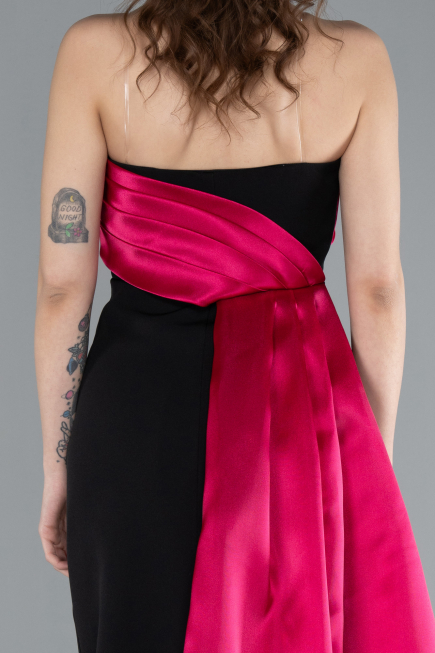 Fuchsia-Black Strapless Satin Train Evening Gown ABU4690
