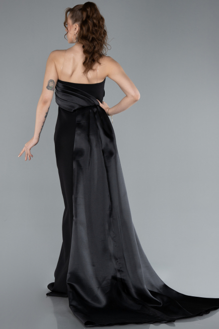 Black Strapless Satin Train Evening Gown ABU4690