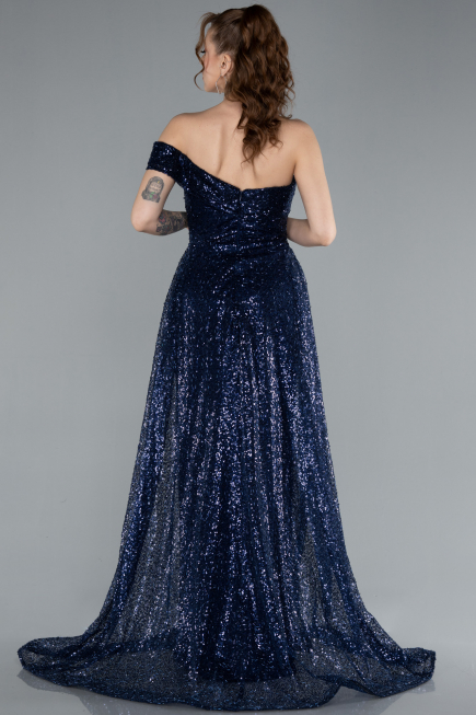 Navy Blue One Shoulder Taıled Sequined Long Evening Gown ABU4691