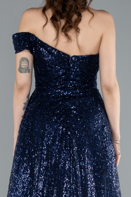 Navy Blue One Shoulder Taıled Sequined Long Evening Gown ABU4691