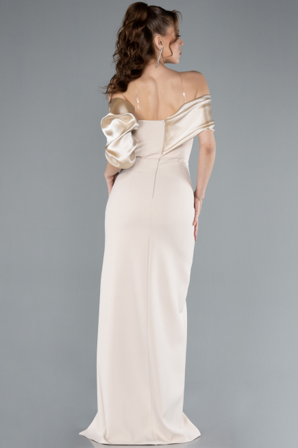 Beige Off Shoulder Satin Drape Slit Evening Gown ABU4024